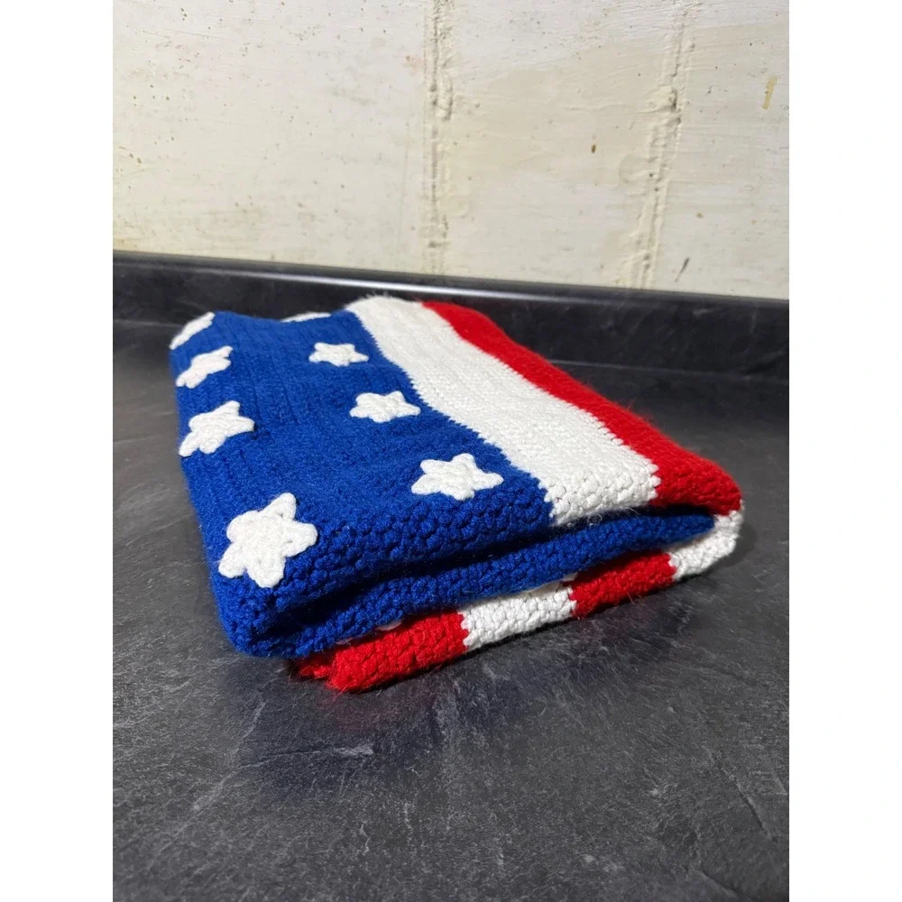 Handmade Crochet American Flag Blanket Stars and Stripes Patriotic Throw 66x42